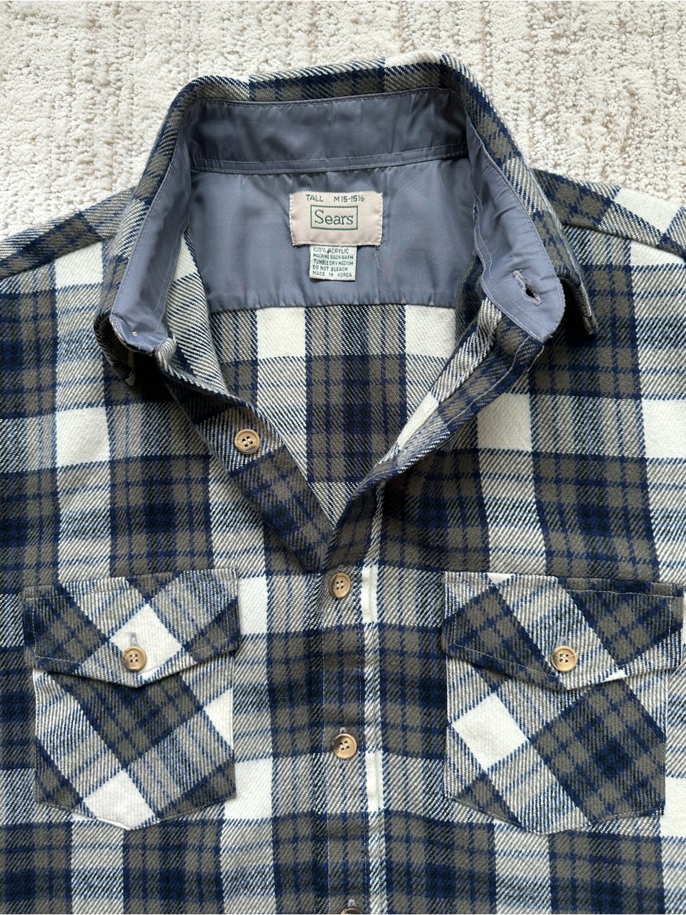 Vintage Sears Flannel Button Down Shirt MEDIUM TALL 15-15 1/2 Plaid 100% Acrylic - Picture 6 of 10